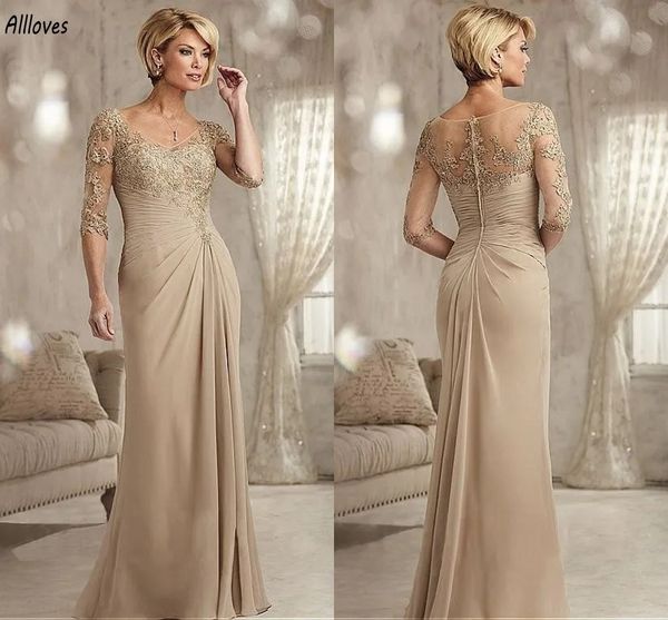 Elegante champagne madre della sposa abiti da sposo squisiti applicazioni di pizzo in rilievo donne abiti da festa formali mezze maniche lunghezza del pavimento abito da sposa per gli ospiti CL3180