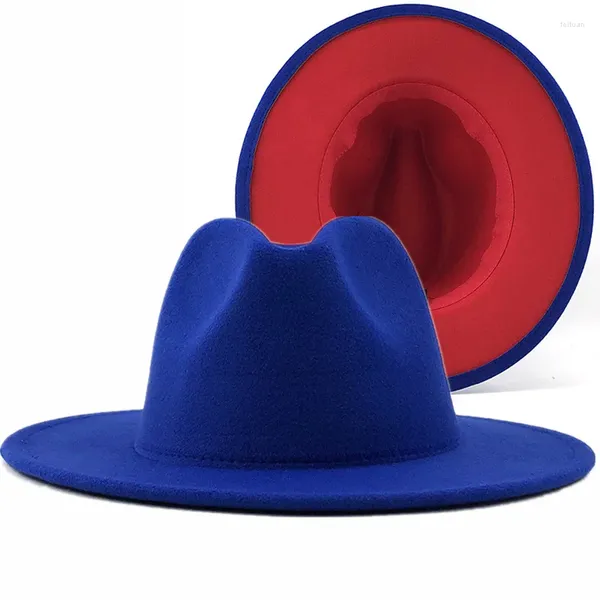 Berets simples exterior azul interior vermelho lã feltro jazz fedora chapéus com fivela de cinto fino homens mulheres borda larga panamá trilby boné 56-58-60cm