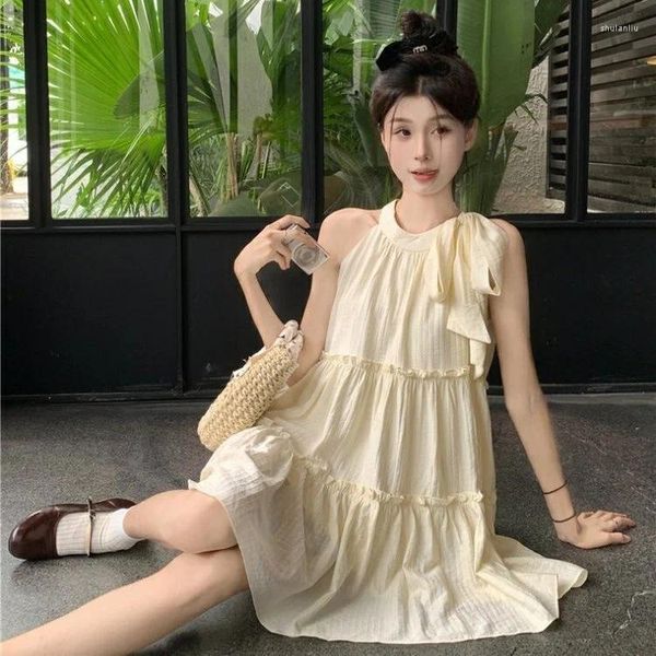 Vestidos casuais lolita vestido elegante bowknot nightwear feminino verão doce sólido fino saia casa streetwear vestido babados borda