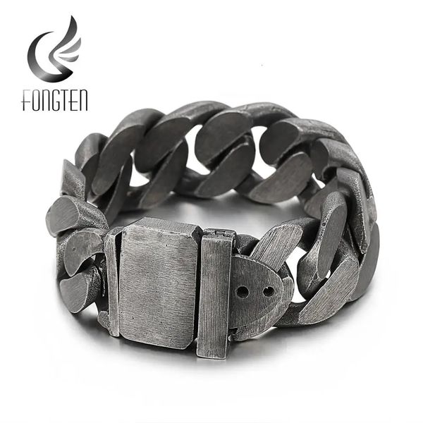 Fongten pesado preto metal punk ampla cubana link chain pulseira masculina de aço inoxidável moda motociclista acessórios masculinos 240106