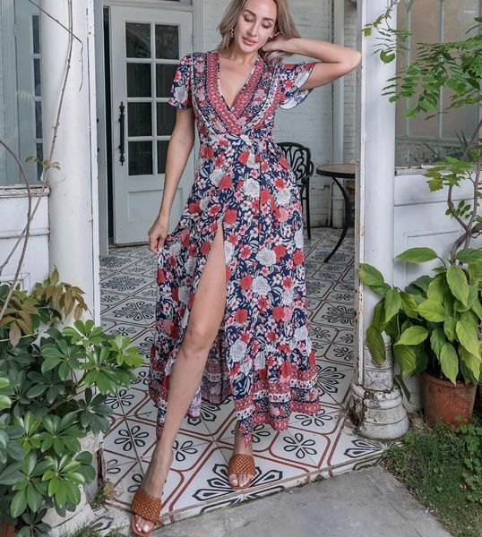 Parti Elbiseleri Ayualin Vintage Deep V Boyun Sarısı Yaz Pamuk Rayonu Çiçek Baskılı Maxi Kadın Robe 2024 Boho Plajı Uzun Vestidos