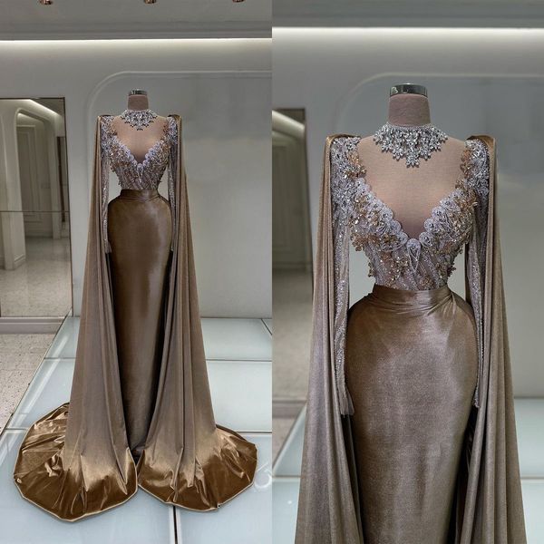 Samt Meerjungfrau Abendkleider Kristall Perlen Sheer Neck Langarm Geburtstag Kleid Mädchen Pailletten Applikationen Prom Kleid