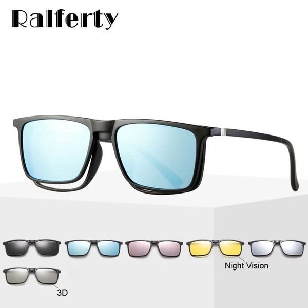 Óculos de sol Ralferty 6 em 1 Óculos de sol Men Men Polarized Clip on Glasses Mulheres quadradas quadros ópticos 3d Amarelo Oculos A2249