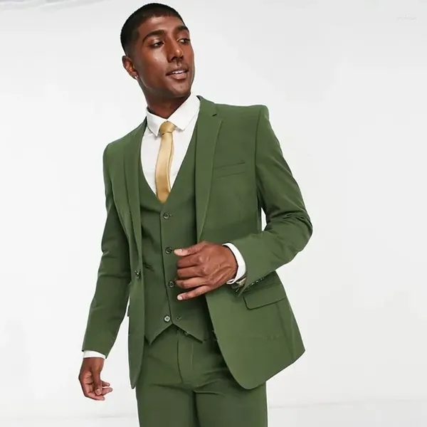 Мужские костюмы, комплект из 3 предметов, армейский зеленый мужской костюм Homme 2024, смокинги для жениха с зубчатыми лацканами, деловой приталенный мужской пиджак, жилет