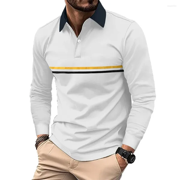 Polos masculinos confortáveis moda elegante camisa confortável contrastante manga completa mistura de algodão marrom cinza rosa branco