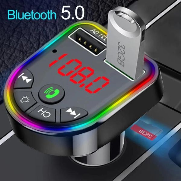 Conectores 2022 Luz Ambiente Bluetooth 5.0 Transmissor FM Bluetooth Car Kit MP3 Player Sem Fio Receptor de Áudio Handsfree USB Carga Rápida TF