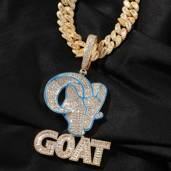 Personalisierte Punk Neuankömmling niedlichen Tier Ziege Anhänger Diamant blau vergoldet Herren Hip Hop Schmuck Halskette