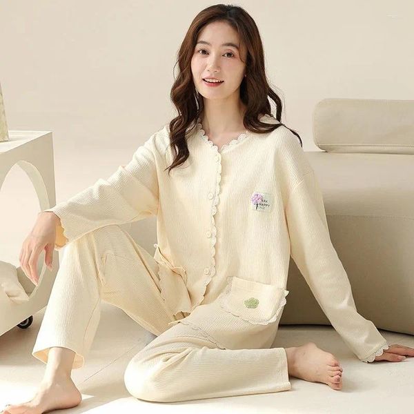 Mulheres sleepwear 2024 primavera outono pijamas mulheres bonito manga comprida algodão loungewear v-pescoço cardigan conjunto homewear renda solta