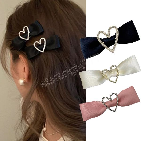 Mädchen-Haarspangen mit Strass-Herz, schwarzer Satin-Schleife, halber Rand, seitlicher kleiner Clip, Kopfschmuck-Haar-Accessoire