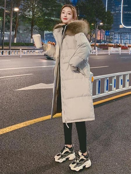 Trench da donna Piumino invernale Moda coreana Collo in pelliccia con cappuccio Parka lungo Casual sciolto spesso caldo lunghezza al ginocchio oversize