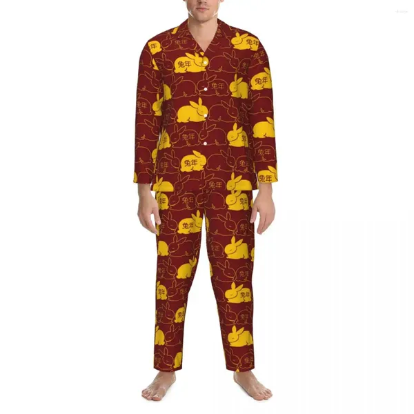 Homens sleepwear ano de pijama conjuntos animal macio homens manga longa retro sono 2 peças casa terno plus size