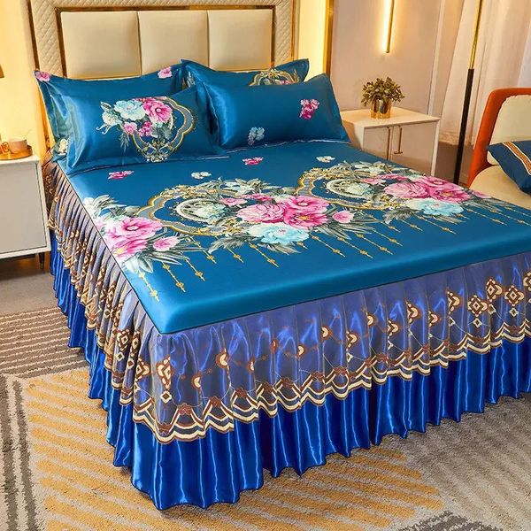 23 pçs roupa de cama clássico renda azul real colcha saia máquina lavável com elástico para rainha rei tamanho lençóis cama 240106