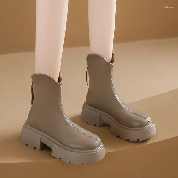 Botas plataforma grossa tornozelo para mulheres outono inverno curto pelúcia salto grosso mulher pu couro back zíper botas de salto alto