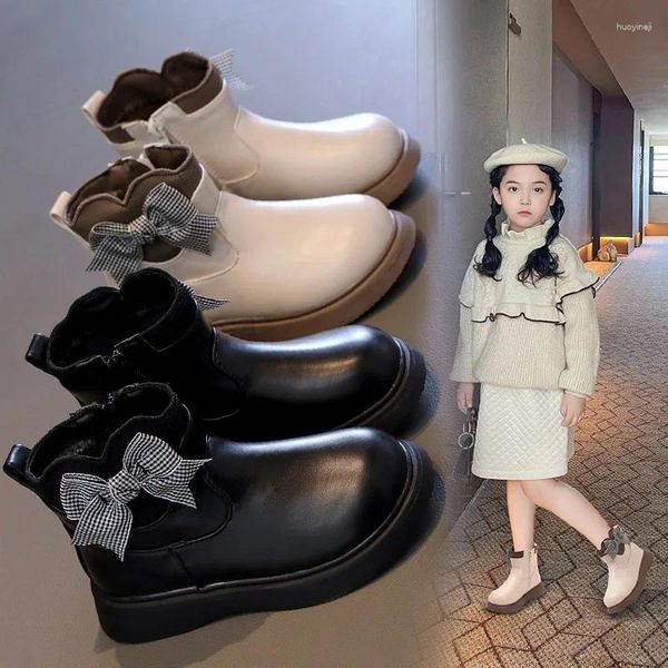 Кожаные сапоги для девочек, осень-зима 2024, детская нескользящая резиновая подошва на молнии, милая обувь принцессы с бантом