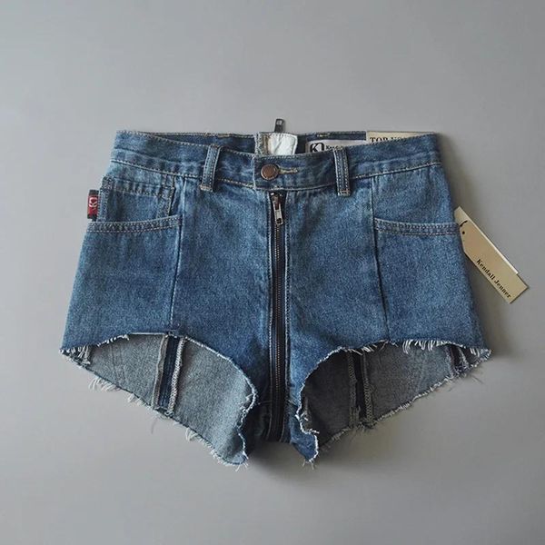 Saias femininas rasgadas franja azul zíper completo na virilha shorts jeans mulheres avantgarde bolso jeans shorts verão quente curto