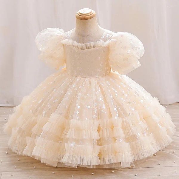 Vestidos de menina para meninas vestido de festa princesa natal mangas bolha bonito e elegante criança arco aniversário roupas de bebê