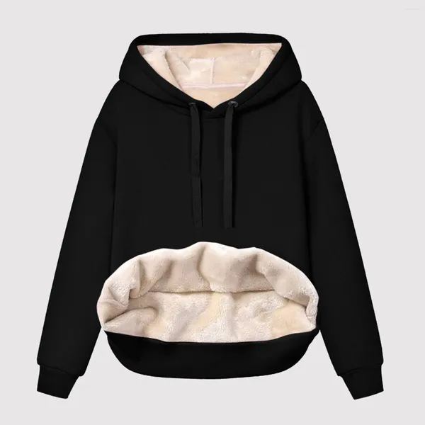 Hoodies femininos oversize sweatshirts para mulher grosso velo moletom com capuz forrado inverno veludo com decote em v manga longa roupa interior topo