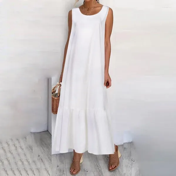 Sıradan elbiseler yaz beyaz elbise katı vintage pamuk keten yelek plaj plaj kolu büyük boy kadın gevşek uzun tunicas