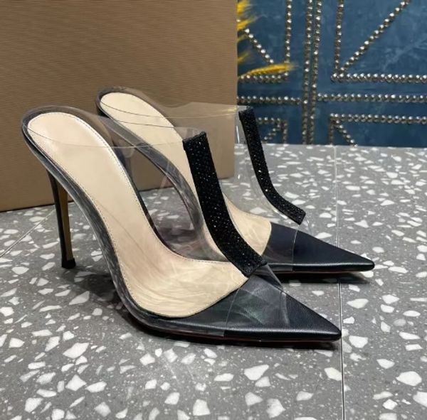 Nuovi sandali di cristallo stile designer a punta nera da festa open toe mezze pantofole eleganti scarpe eleganti dal temperamento moda versatile