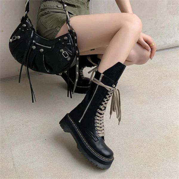 Botlar Çapraz Bağlanmış Ayakkabı Katı Platform Orta Kalkalı Fermuar Kadın Botas De Invierno Para Mujer Dames Laarzen Sapatos Feminino Kadın