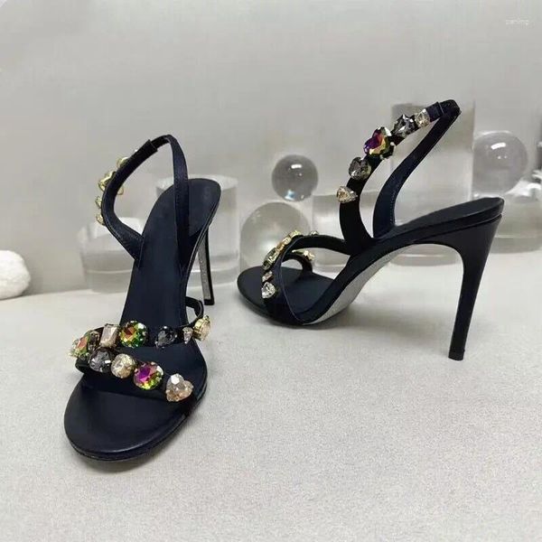 Sandali con strass cinturino posteriore donna gemma nera scarpe da donna testa tonda Sapatos Feminino stiletto tacchi alti Zapatillas De Mujer