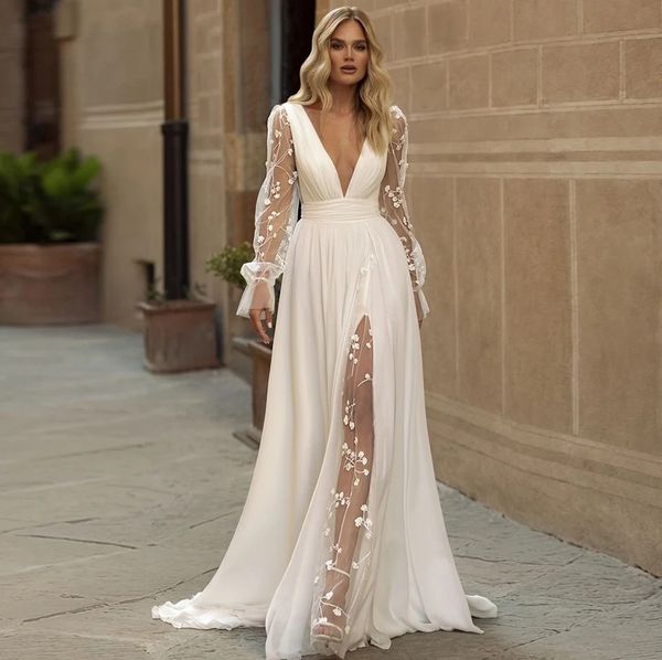 Abito da sposa Boho sexy Scollo a V profondo Maniche lunghe a sbuffo Abiti da sposa Applicazioni in pizzo senza schienale A-Line Sweep Train Chiffon Abiti da sposa