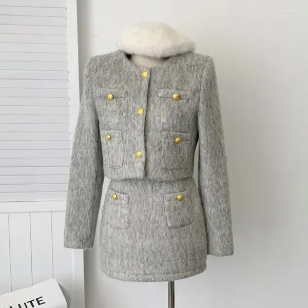 Arbeitskleider, hochwertige dicke warme Winter-Outfits für Frauen, zweiteiliges Set, koreanische Mode, süße kurze Jacken, Mäntel, Rock, 2 Anzüge