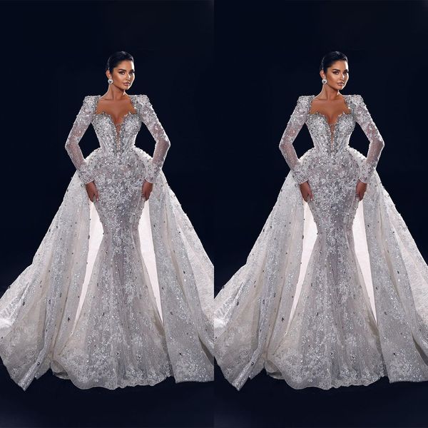 Luxo cristal sereia vestidos de casamento diamante vestidos de noiva destacável trem ilusão manga longa frisado v pescoço varredura trem robe