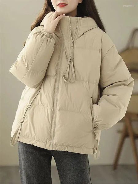 Trench da donna Giù Cappotto in cotone Donna Beige Corto allentato Parka con cappuccio 2024 Autunno Inverno Moda Casual Spessore Calore Giacca Abbigliamento