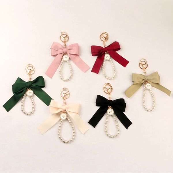 Große Bänder Bowknot -Schlüsselanhänger Frauen elegante Imitation Perlen Lanyard Keyrings Retro Perlen String Handgelenk Kettenschlüsselhalter