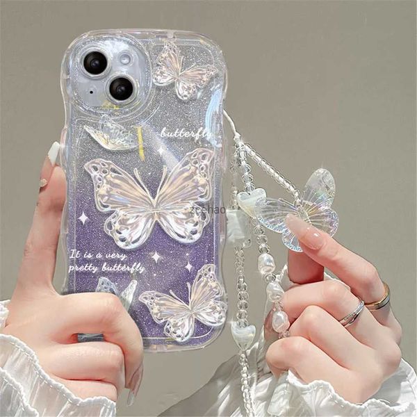 Capas de telefone celular Luxo Borboleta Glitter Clear Soft Case para iPhone 15 14 13 12 11 Pro Max XR XS X 7 8 Plus Hang Chain Lanyard Silicone CoverL240105