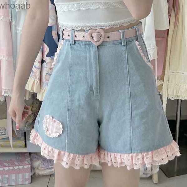 Shorts femininos azul vintage renda plissado shorts jeans feminino doce xadrez estampa cintura alta denim calça curta harajuku kawaii y2k roupas estéticas yq240108