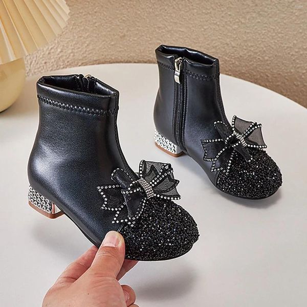 Botas sapatos de couro para meninas glitter tornozelo crianças vestido de salto baixo botas moda lado zíper geléias criança