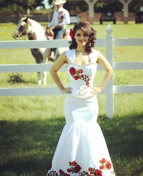 Vestidos méxico floral bordado sereia vestidos de casamento frisado querida pescoço cintas sem mangas longo cetim vestidos de noiva país fazenda ves
