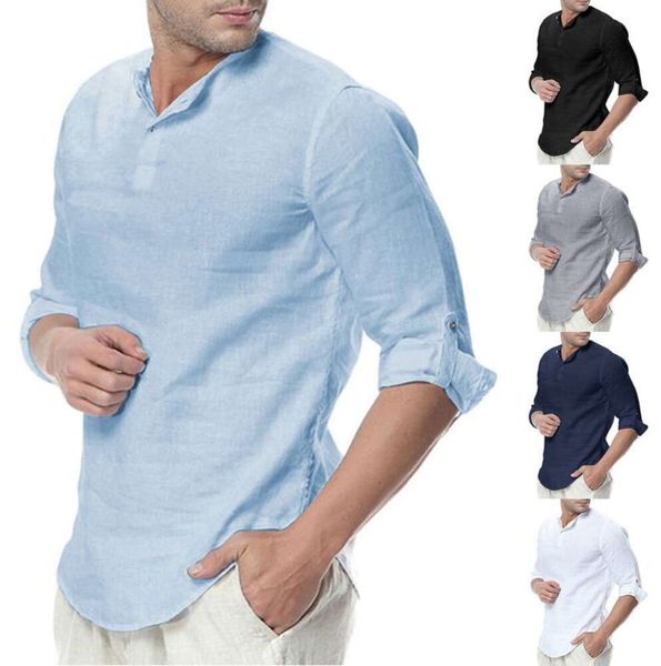 2024 Hot Mens Cotone Lino Henley Camicia 3/4 Manica Casual Camicie Traspiranti Moda Estate Spiaggia Top Abbigliamento di marca di moda