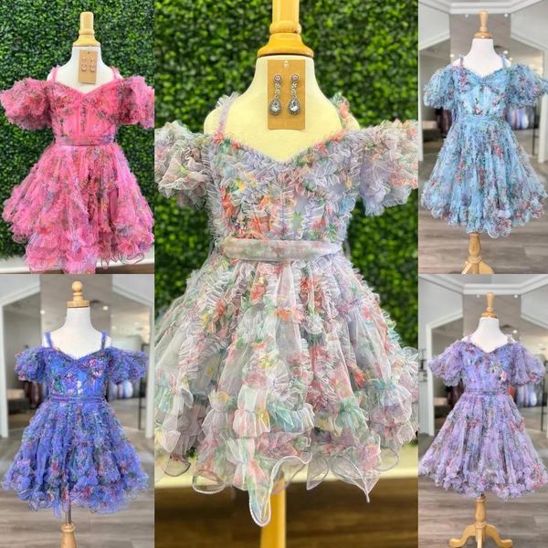 Платья с принтом и цветочным принтом для девочек, пышное платье 2024, с рюшами и рукавами-баллонами, коктейльное платье на день рождения для маленьких детей, вечернее платье для младенцев, подростков, малышей, дошкольного возраста