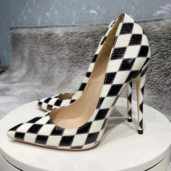Модельные туфли Черно-белые бриллианты с эффектом крокодила Женские дизайнерские туфли-лодочки без шнуровки на высоком каблуке с острым носком на шпильке 8 см, 10 см, 12 см