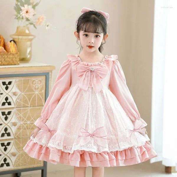 Mädchen Kleider Lolita Prinzessin Kleid 3-10 Jahre alt Mädchen Kleidung Casual Herbst Winter Koreanische Spitze Quadratischen Kragen rosa