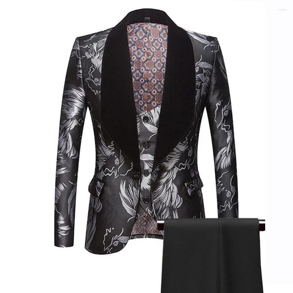 Ternos masculinos branco preto floral impresso para homens fino ajuste baile de formatura festa de casamento smoking veludo lapela jaqueta colete calças 3 peça conjunto