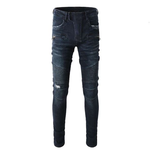 Pantaloni firmati da uomo Jeans viola Amris Blu scuro Marchio di moda Multi tasche Slim Fit Jeans skinny da motociclista High Street #1099