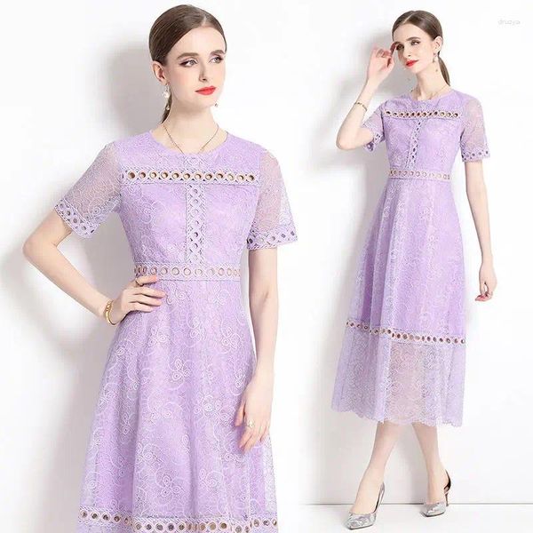 Partykleider Sommer Helllila Farbe Kurzarm feminino Frauen mittellanges Kleid hochwertige Spitze Patchwork aushöhlen Metallknopf