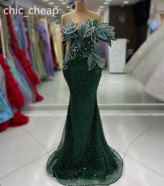 Dark Aso Ebi Green Mermaid Dress Vestido Cristais de contas de lantejoulas Festa formal Festa de segunda recepção Vestidos de noivado de aniversário Vestidos Robe de Soiree ZJ es