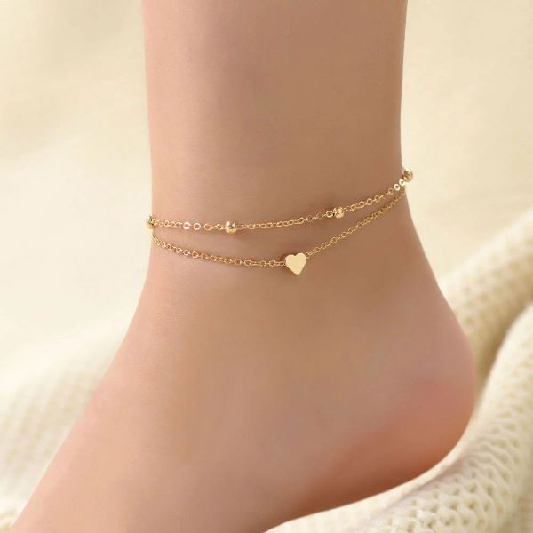 Doppelschichten Herz Charm Fußkettchen für Frauen Sommer Golden Silber Farbe 14k Gelbgold Bein Fuß Knöchel Armband Strand Schmuck