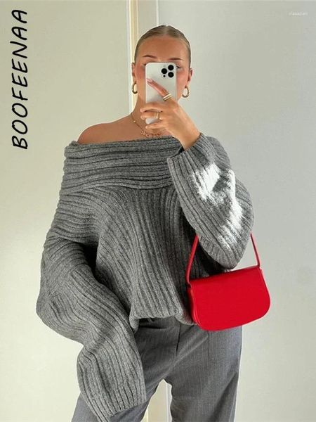 Kadın Sweaters Boofeenaa Büyük Boy Knited Sweater Gri Düzensiz Kapalı Omuz Uzun Kollu Kadınlar İçin Kış Kış Rafy Jumper