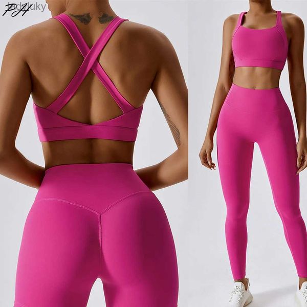 Conjuntos de camisa de ciclismo conjunto de yoga 2 peças roupas esportivas femininas conjunto de esporte ternos para fitn cross bra seaml ginásio push up leggingsl240108