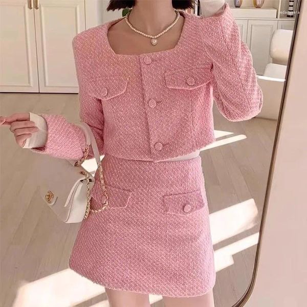 Vestidos de trabalho jaqueta de lã cintura alta saia curta conjuntos para mulheres elegante retro rosa casaco saia duas peças ternos outono tweed outfits