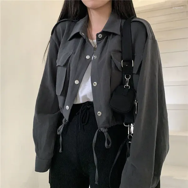 Damenjacken, Basic-Frühlings-Cropped-Cargo-Outwear, koreanischer Stil, All-Match-Tunika, Revers, Streetwear, Punk, weibliche Taschen, modisches Top