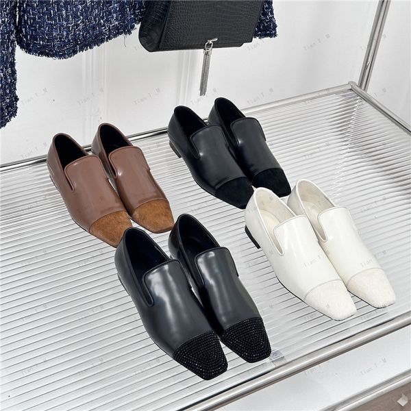 2024 qualidade superior mais novo luxo cristal quadrado toe retalhos mocassins marca designer macio couro genuíno boca profunda único casual plana fêmeas deslizamento em sapatos de condução