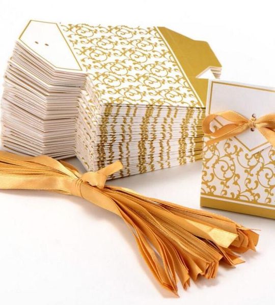 Party Supplies New 10pcs Creative Golden Silver Ribbon Wedding Favours Party Gift Candy Paper Box Cookie Candy gift bags Event Pa6266191