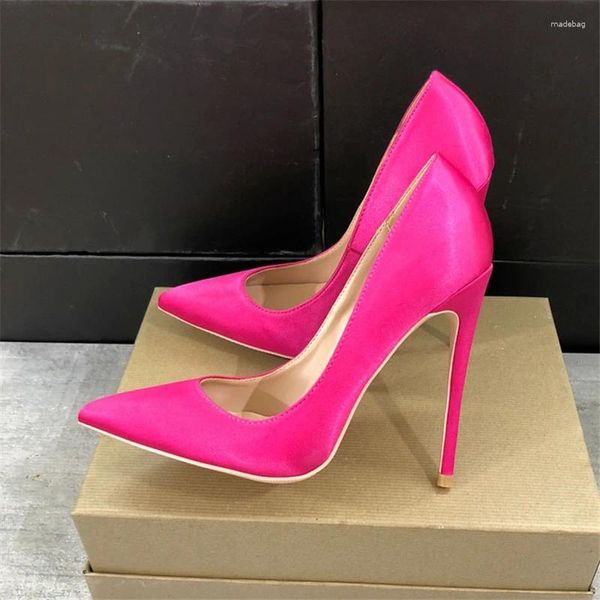 Sapatos de vestido rosa rosa mulheres cetim tecido apontado dedo do pé salto alto senhoras chique stiletto bombas nupcial casamento de seda plus size